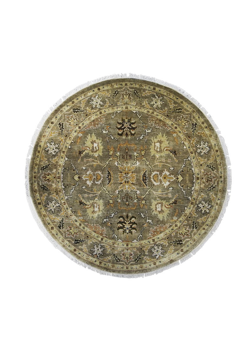 Oriental Rug Indian Handmade Round Transitional 6'0"x6'0" (6x6) Brown Green Floral Oushak Design #A27482