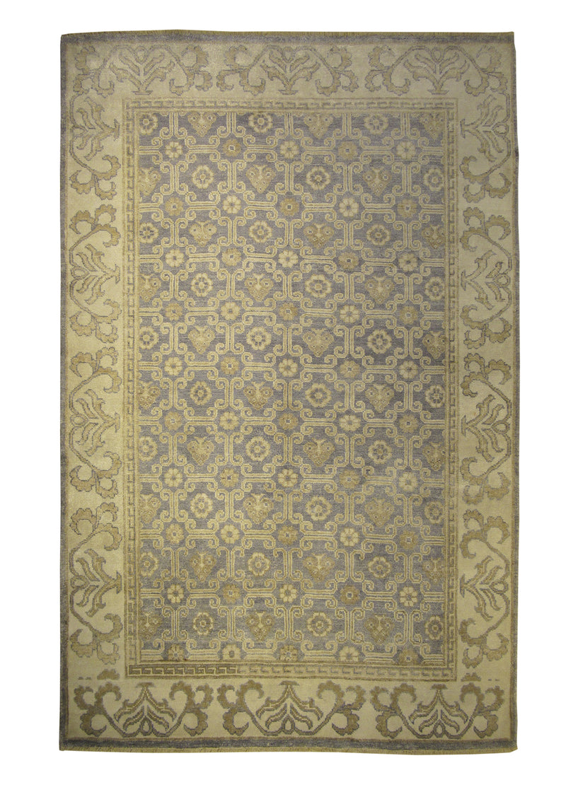 Oriental Rug Indian Handmade Area Transitional 5'9"x8'10" (6x9) Blue Whites/Beige Floral Khotan Design #A27575
