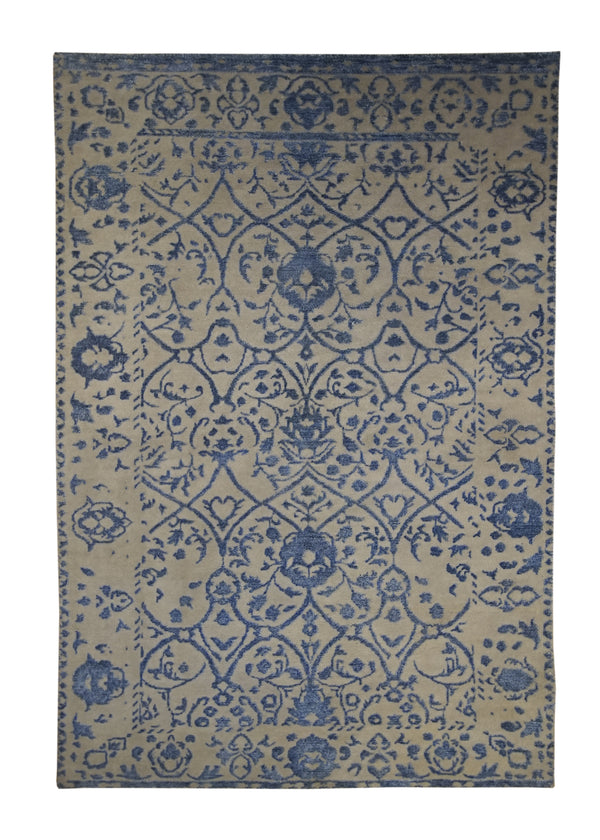 Oriental Rug Indian Handmade Area Modern 4'0"x5'10" (4x6) Whites/Beige Blue Geometric Erased Abstract Design #A27577