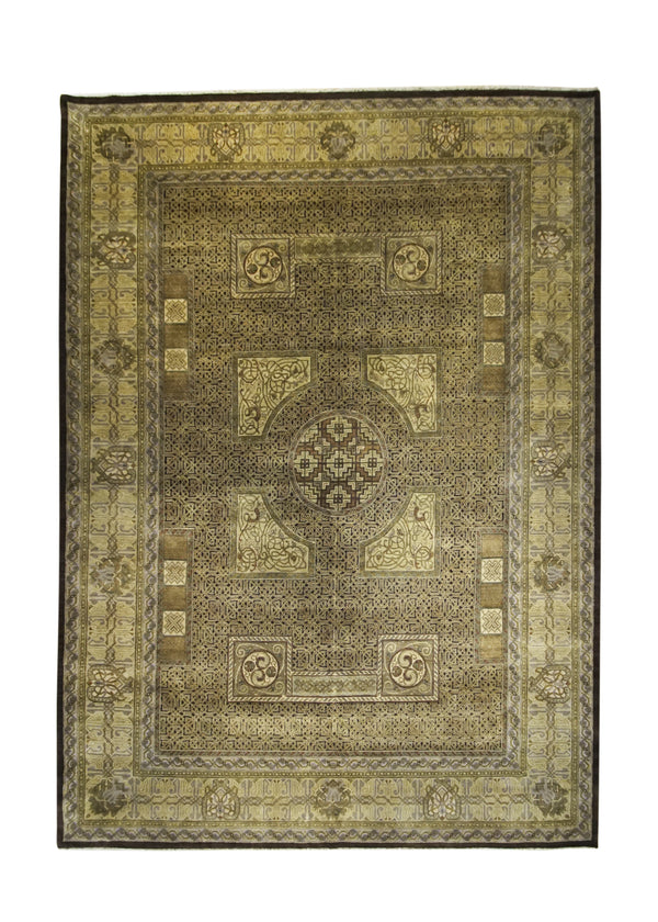 Oriental Rug Indian Handmade Area Transitional 10'0"x14'0" (10x14) Yellow/Gold Black Tea Washed Geometric Design #A27641
