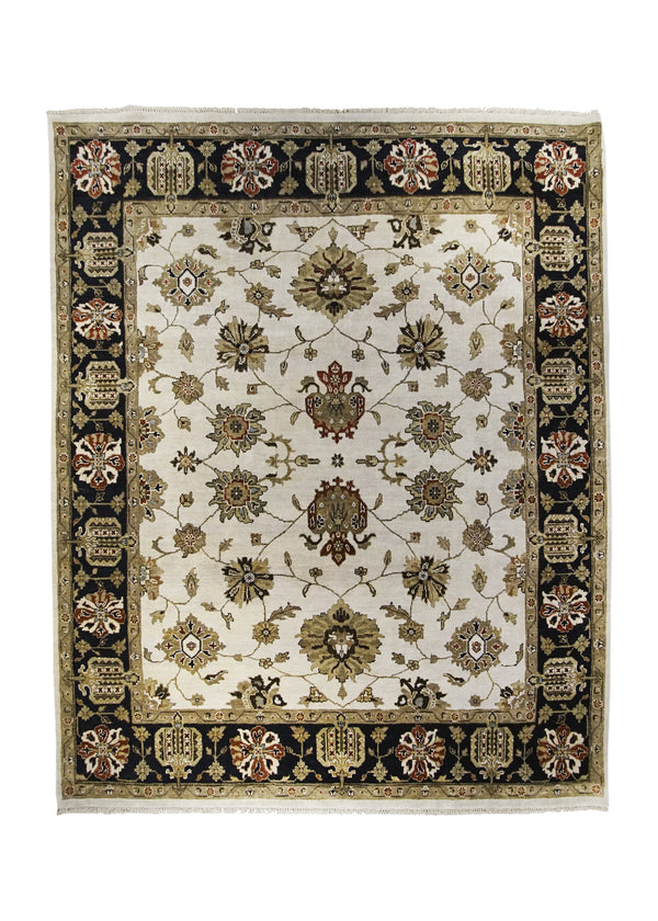 Oriental Rug Indian Handmade Area Transitional 7'11"x9'9" (8x10) Whites/Beige Black Floral Oushak Design #A27845
