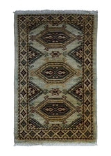 Oriental Rug Pakistani Handmade Area Transitional 1'11"x3'1" (2x3) Green Whites/Beige Antique Washed Geometric Design #A27863