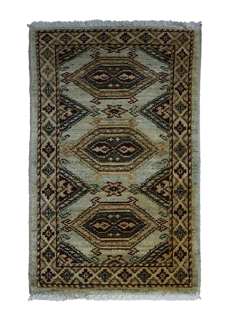 Oriental Rug Pakistani Handmade Area Transitional 1'11"x3'1" (2x3) Green Whites/Beige Antique Washed Geometric Design #A27863