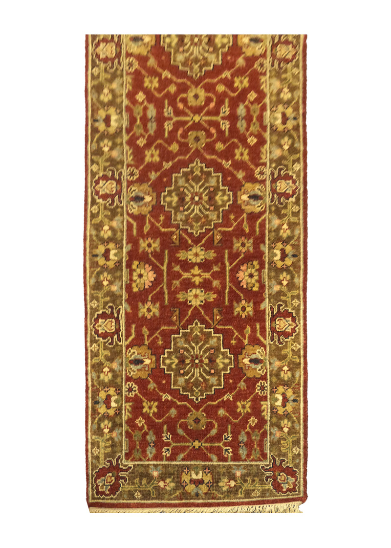 Oriental Rug Indian Handmade Runner Transitional 2'7"x10'2" (3x10) Red Brown Yellow/Gold Geometric Design #A27872