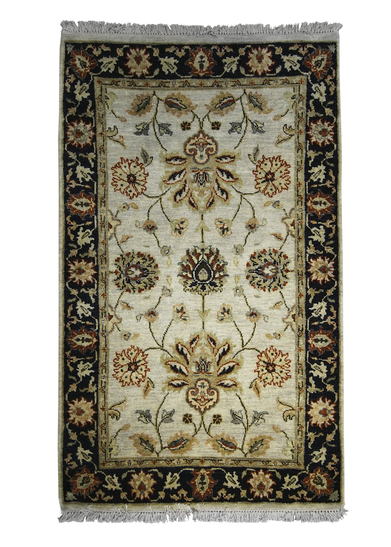 Oriental Rug Indian Handmade Area Transitional 3'0"x5'0" (3x5) Whites/Beige Black Floral Design #A27885