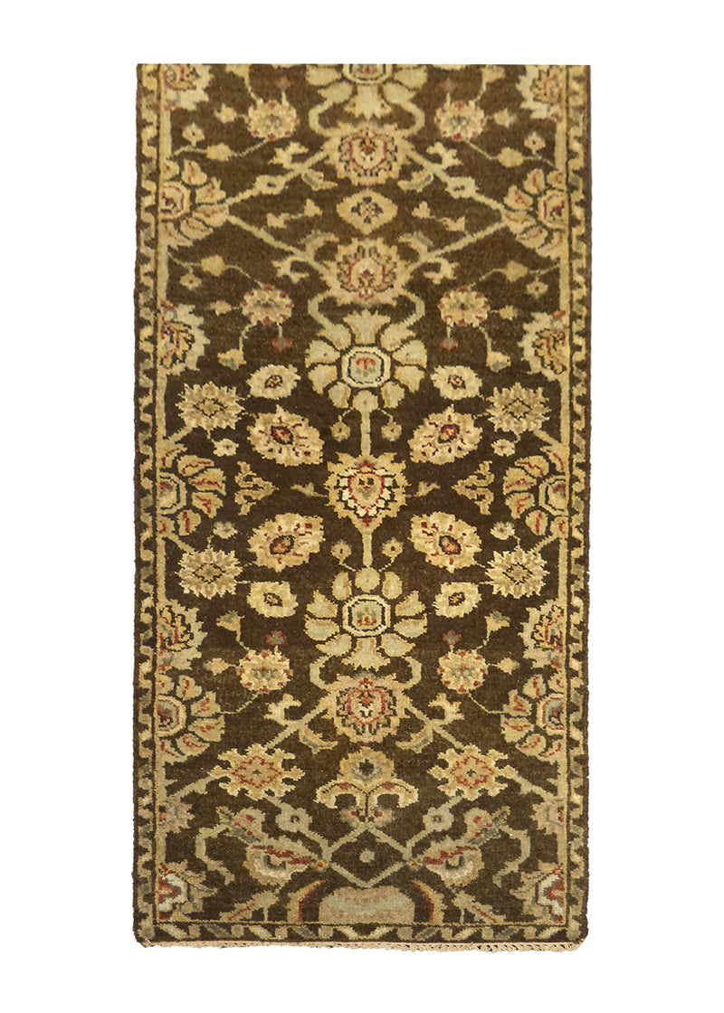 Oriental Rug Indian Handmade Runner Transitional 2'5"x9'9" (2x10) Brown Yellow/Gold Floral Design #A27896
