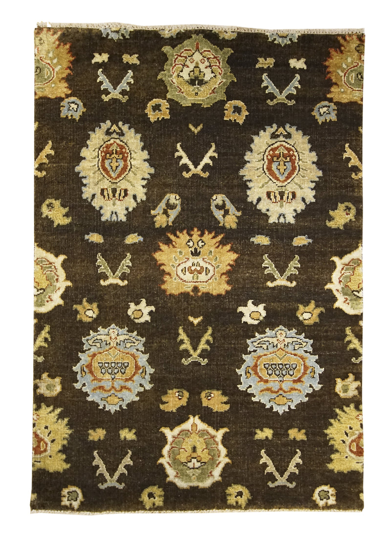 Oriental Rug Indian Handmade Area Transitional 3'11"x5'9" (4x6) Brown Yellow/Gold Floral Oushak Design #A27900