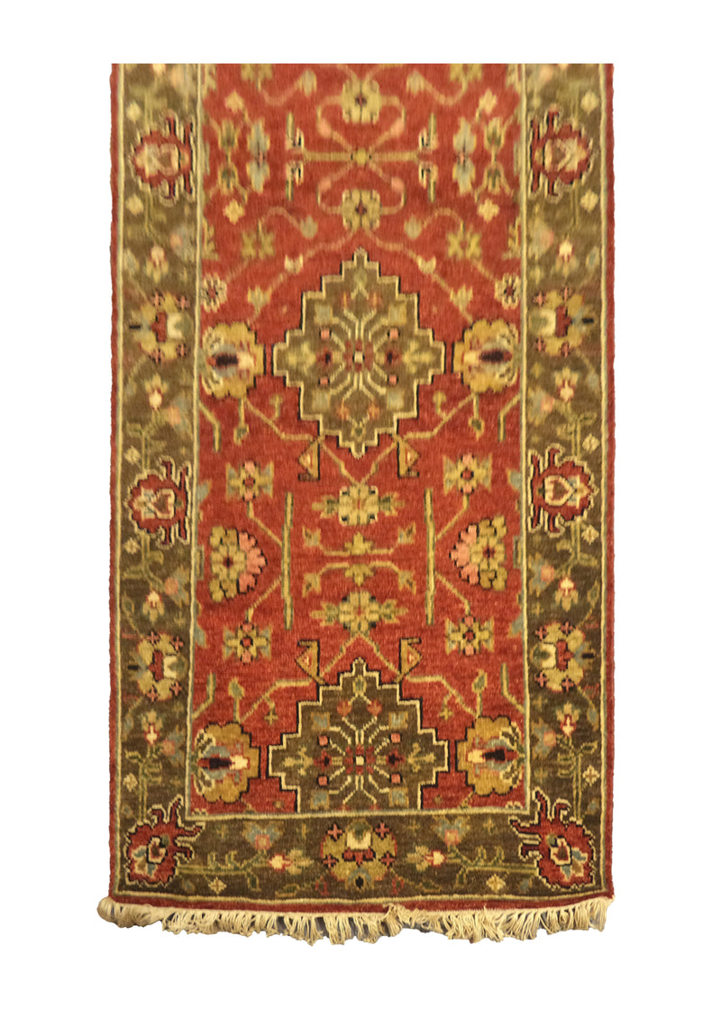 Oriental Rug Indian Handmade Runner Transitional 2'8"x7'11" (3x8) Red Brown Geometric Design #A27908