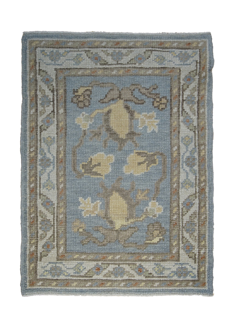 Oriental Rug Turkish Handmade Area Transitional Tribal 2'0"x2'9" (2x3) Blue Whites/Beige Oushak Floral Design #A28000