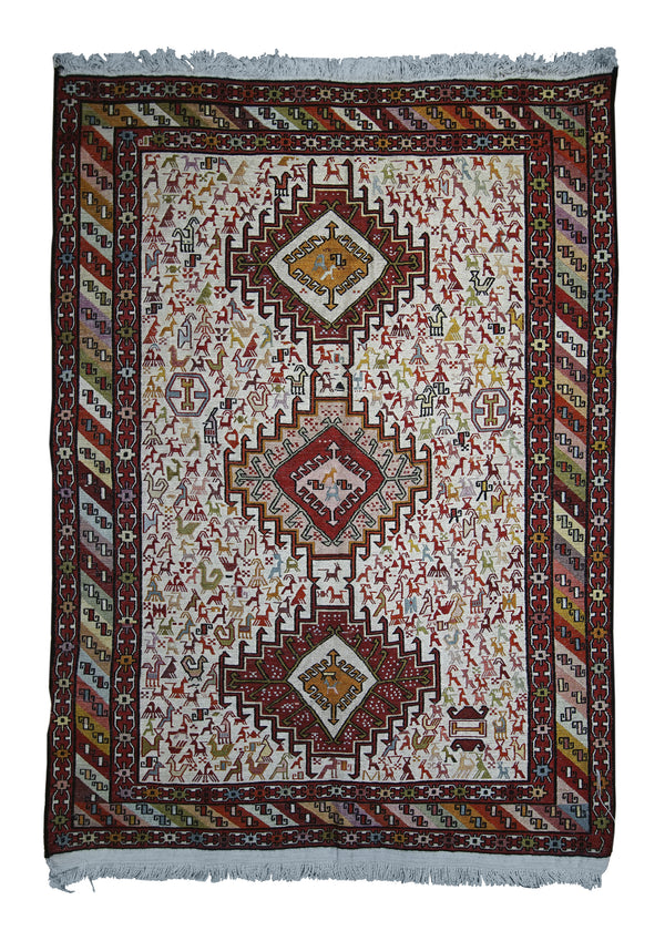 Persian Rug Azerbaijan Handmade Area Tribal 3'3"x4'6" (3x5) Whites/Beige Red Yellow/Gold Geometric Design #A28026