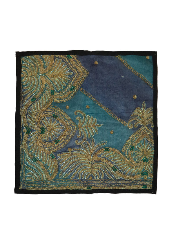 Oriental Rug Indian Handmade Pillow Transitional 1'2"x1'2" (1x1) Blue Purple Yellow/Gold Floral Design #A28028
