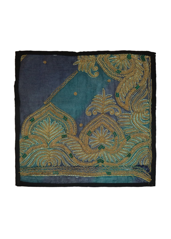 Oriental Rug Indian Handmade Pillow Transitional 1'2"x1'2" (1x1) Blue Purple Yellow/Gold Floral Design #A28029