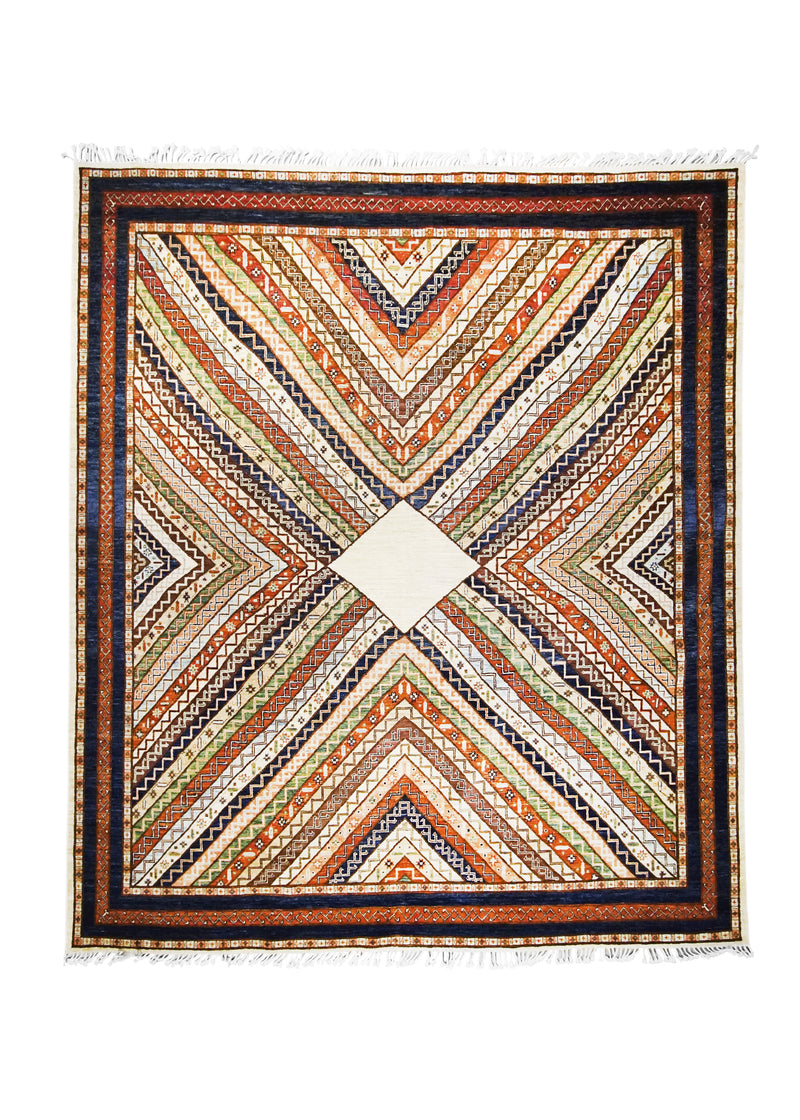 Oriental Rug Pakistani Handmade Area Transitional 8'3"x9'6" (8x10) Blue Multi-color Whites/Beige Shawl Geometric Design #A28072