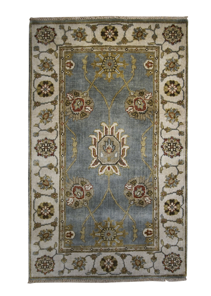 Oriental Rug Indian Handmade Area Transitional Tribal 3'1"x5'0" (3x5) Blue Whites/Beige Geometric Serapi Design #A28104
