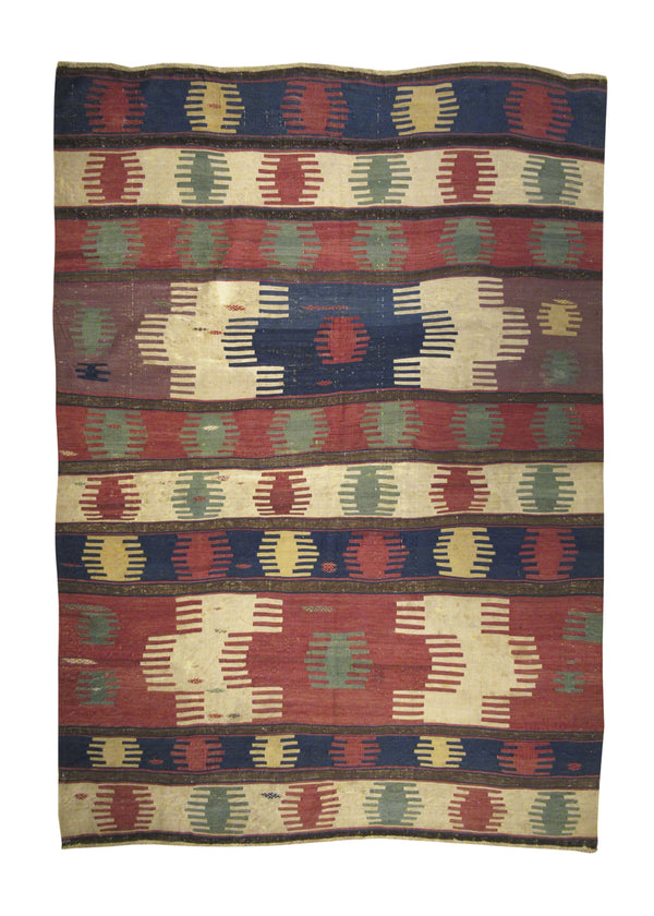 Caucasian Rug Kazak Handmade Area Tribal Antique 5'6"x7'5" (6x7) Multi-color Red Kilim Geometric Design #A28180