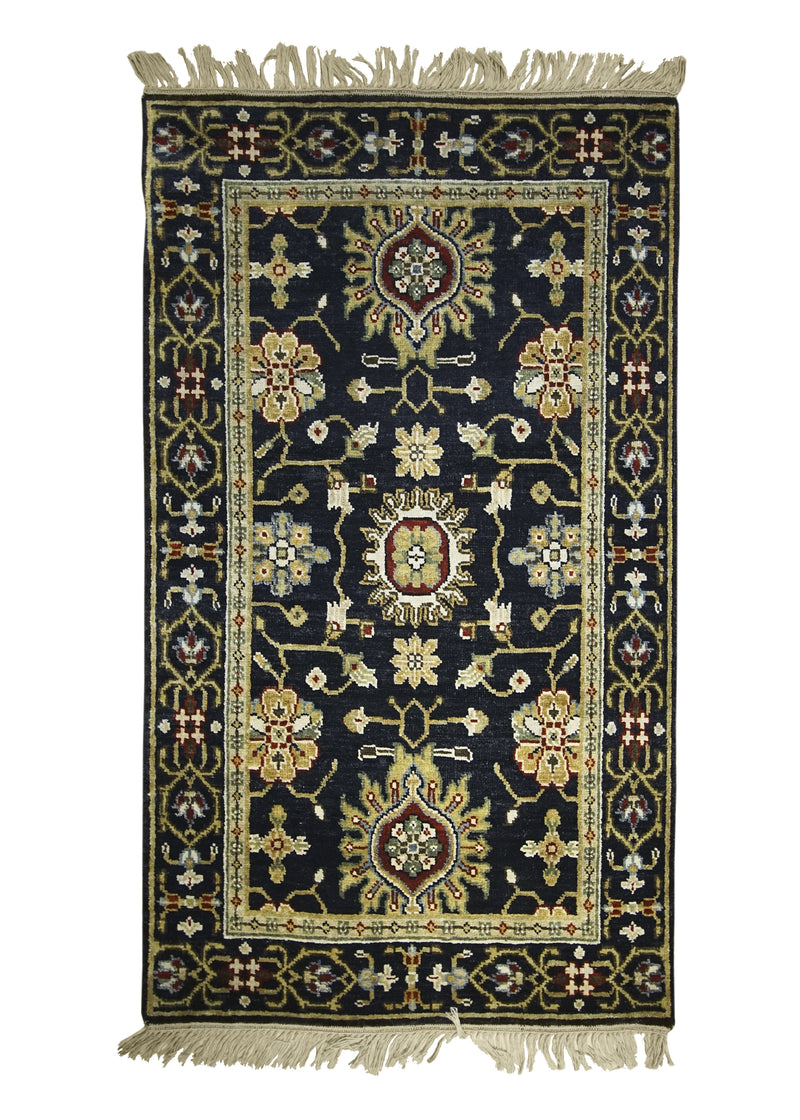 Oriental Rug Indian Handmade Area Transitional 3'0"x5'0" (3x5) Black Whites/Beige Floral Design #A28217