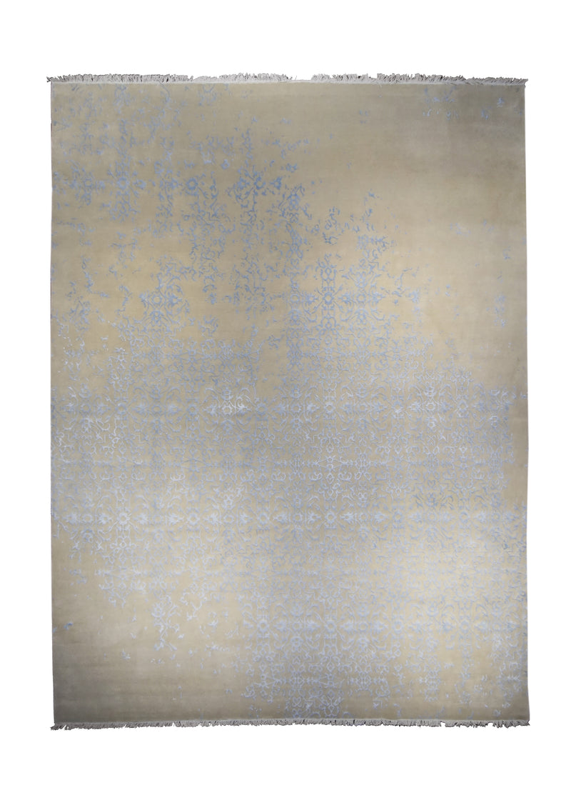Oriental Rug Indian Handmade Area Modern 8'11"x11'11" (9x12) Whites/Beige Blue Erased Floral Abstract Design #A28309