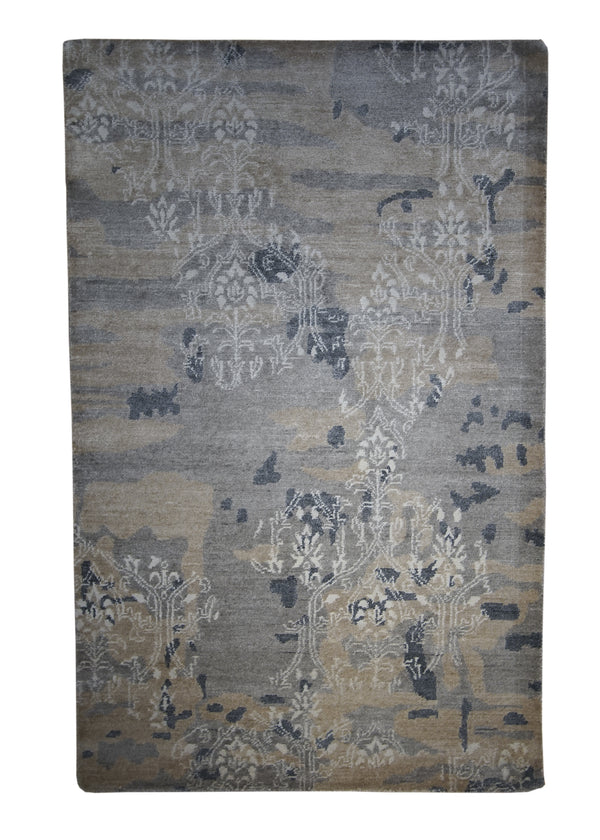 Oriental Rug Indian Handmade Area Modern Neutral 3'2"x5'2" (3x5) Gray Whites/Beige Erased Floral Abstract Design #A28314