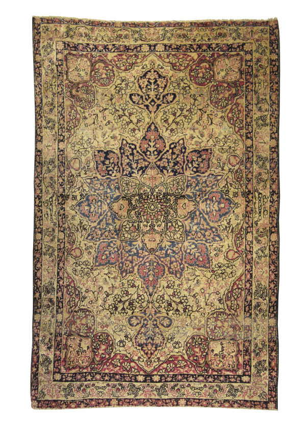 Persian Rug Lavar Kerman Handmade Area Traditional Antique 4'2"x6'6" (4x7) Whites/Beige Pink Floral Design #A28373