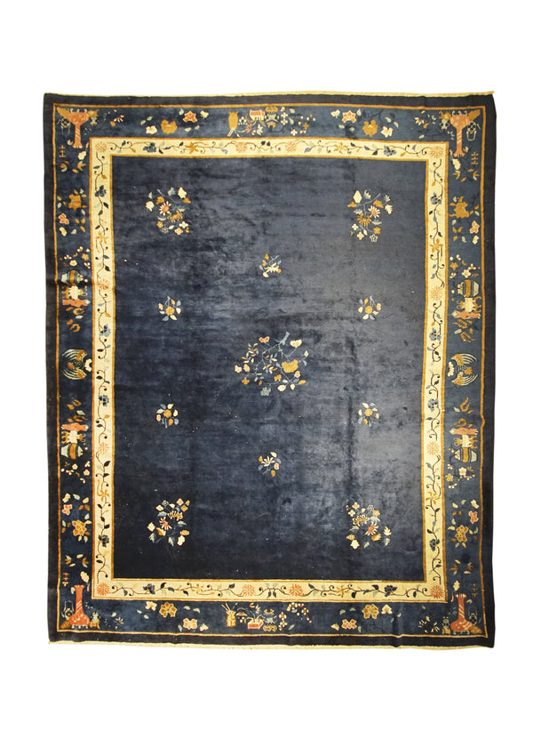 Oriental Rug Chinese Handmade Area Traditional Antique 10'8"x13'2" (11x13) Blue Yellow/Gold Fetti Symbol Design #A28377