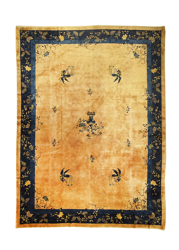 Oriental Rug Chinese Handmade Area Traditional Antique 9'11"x13'5" (10x13) Yellow/Gold Blue Fetti Symbol Animals Design #A28379
