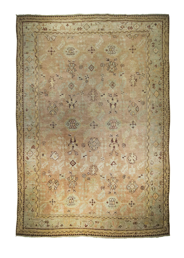 Oriental Rug Turkish Handmade Area Tribal Antique 9'1"x13'5" (9x13) Pink Green Oushak Floral Design #A28380