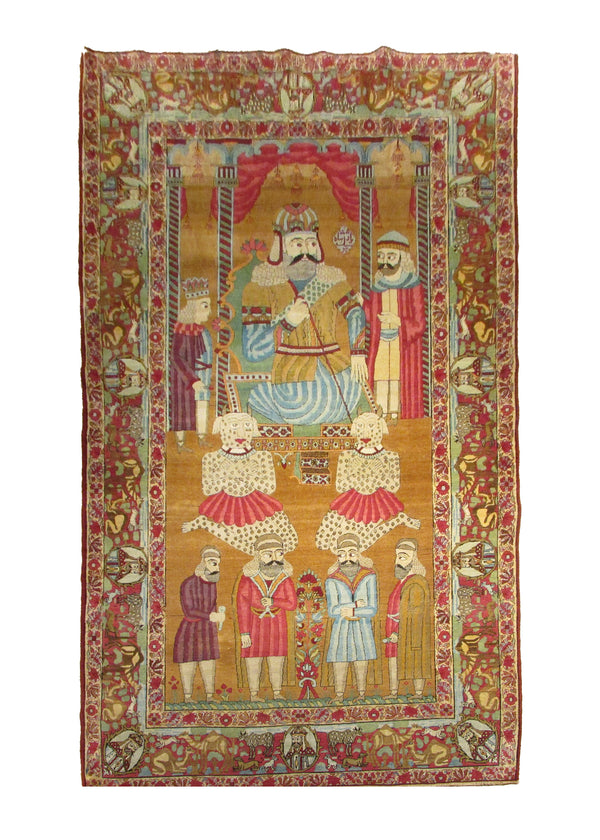 Persian Rug Lavar Kerman Handmade Area Traditional Antique 4'11"x7'10" (5x8) Brown Multi-color Red Pictorial Design #A28382