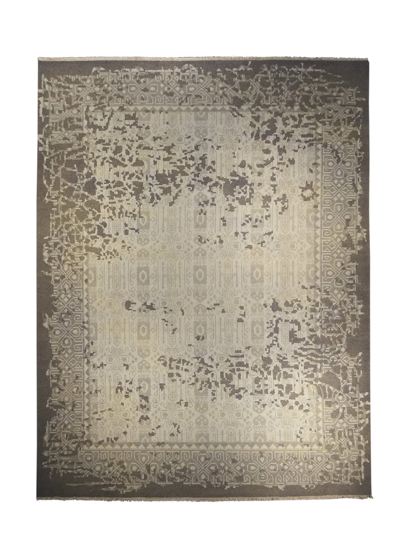 Oriental Rug Indian Handmade Area Transitional 8'11"x11'9" (9x12) Whites/Beige Brown Yellow/Gold Geometric Erased Abstract Design #A28439
