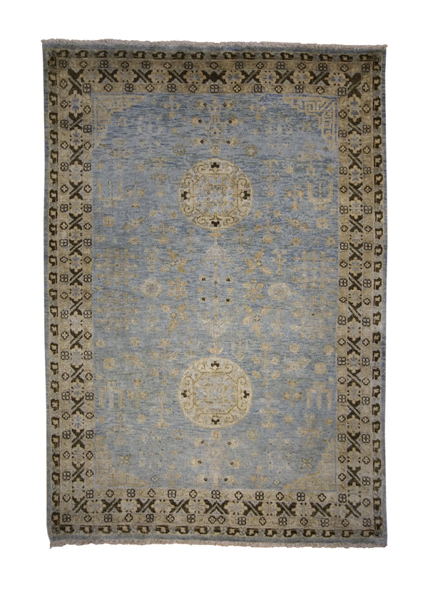 Oriental Rug Indian Handmade Area Transitional 4'0"x5'11" (4x6) Whites/Beige Blue Floral Khotan Design #A28471