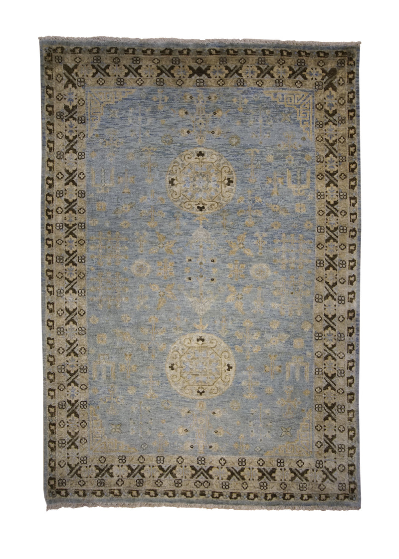 Oriental Rug Indian Handmade Area Transitional 4'0"x5'11" (4x6) Whites/Beige Blue Floral Khotan Design #A28471