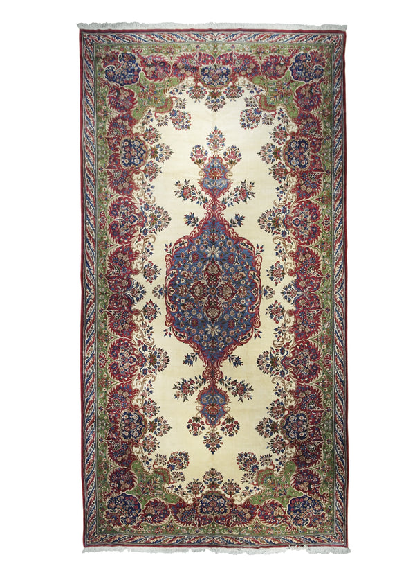Persian Rug Lavar Kerman Handmade Area Traditional Antique 10'0"x20'0" (10x20) Whites/Beige Green Blue Floral Design #A28479