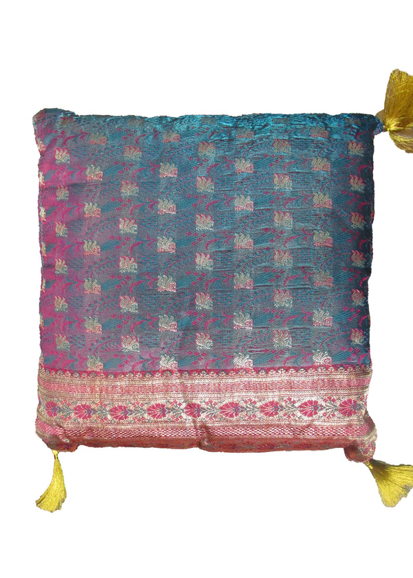 Oriental Rug Indian Handmade Pillow Traditional 1'5"x1'5" (1x1) Blue Pink Floral Design #A28522