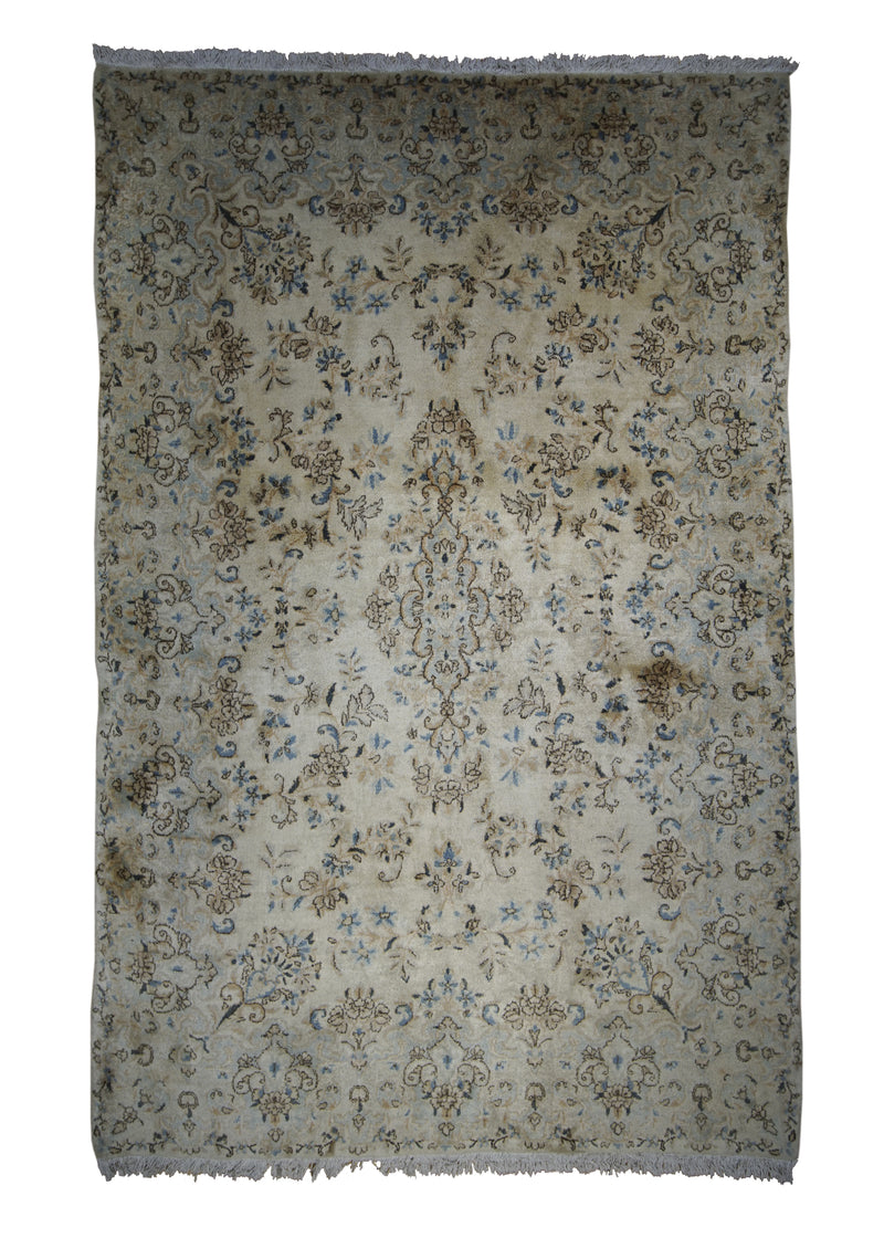 Persian Rug Lavar Kerman Handmade Area Traditional Vintage 4'0"x6'2" (4x6) Whites/Beige Blue Floral Design #A28532