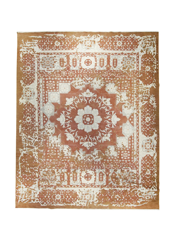 Oriental Rug Indian Handmade Area Transitional 11'10"x14'9" (12x15) Red Whites/Beige Erased Mamluk Abstract Design #A28596