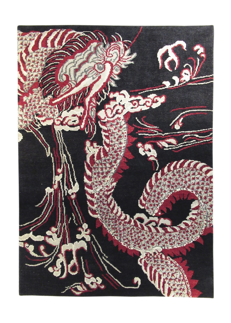 Oriental Rug Indian Handmade Area Transitional 4'10"x6'9" (5x7) Black Red Geometric Pictorial Design #A28598