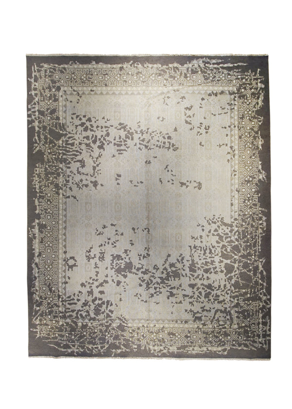Oriental Rug Indian Handmade Area Transitional Neutral 11'9"x14'8" (12x15) Whites/Beige Brown Geometric Erased Abstract Design #A28652