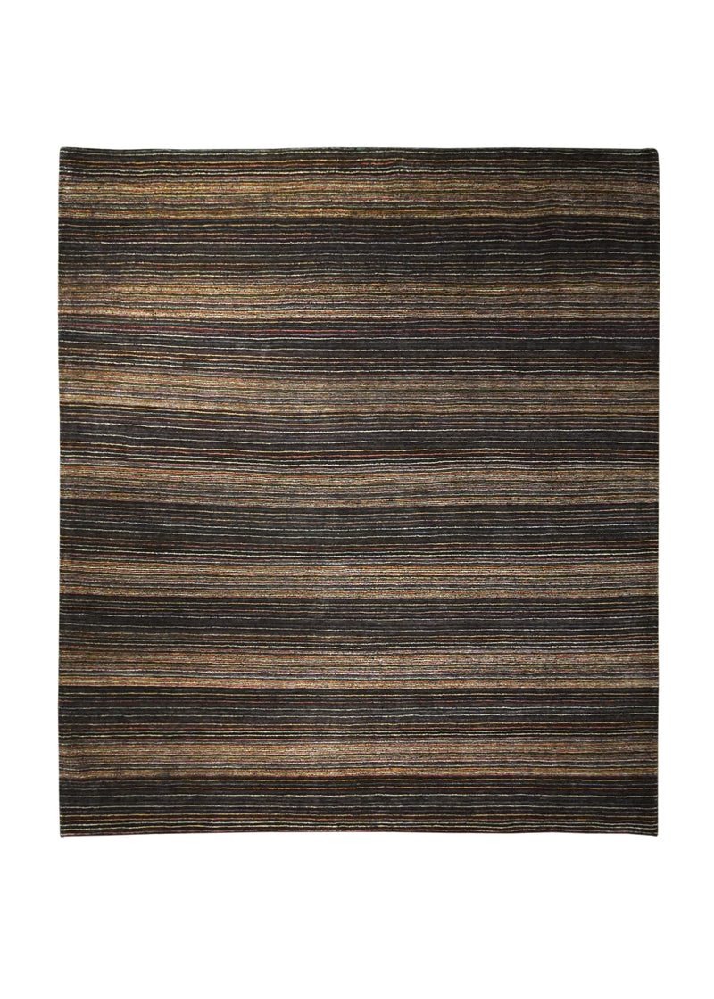 Oriental Rug Pakistani Handmade Area Transitional Tribal 8'0"x9'2" (8x9) Black Multi-color Gabbeh Stripes Design #A28669