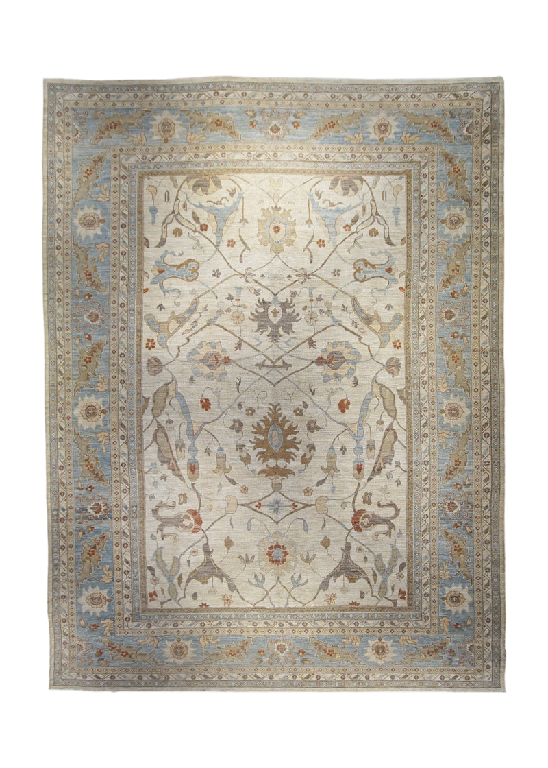 Oriental Rug Pakistani Handmade Area Transitional Neutral 12'0"x16'0" (12x16) Whites/Beige Blue Antique Washed Sultanabad Floral Design #A28696