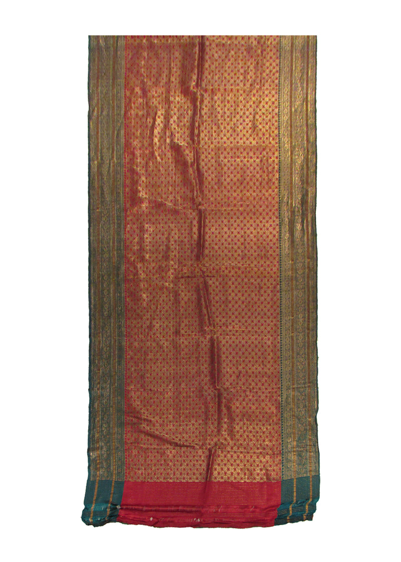 Oriental Rug Indian Handmade Area Traditional 3'7"x16'3" (4x16) Red Green Yellow/Gold Tapestry Saree Floral Design #A28741