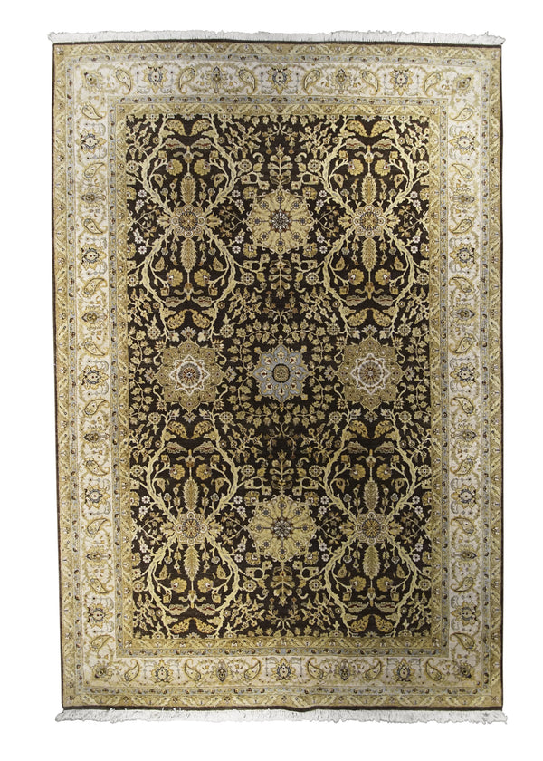 Oriental Rug Indian Handmade Area Transitional 7'7"x11'3" (8x11) Brown Whites/Beige Yellow/Gold Tea Washed Floral Design #A28789