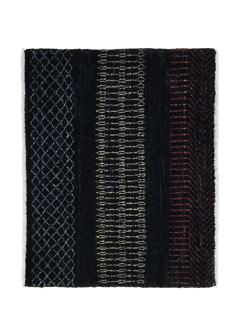 Oriental Rug Pakistani Handmade Area Transitional Tribal 1'10"x2'3" (2x2) Black Whites/Beige Gabbeh Stripes Design #A28820