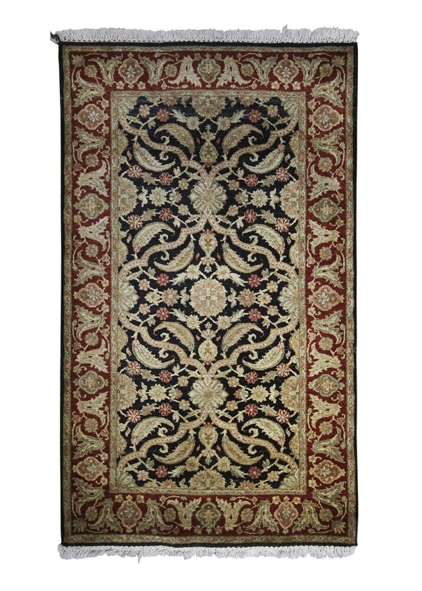 Oriental Rug Indian Handmade Area Transitional 3'0"x5'2" (3x5) Black Red Tea Washed Floral Design #A28909