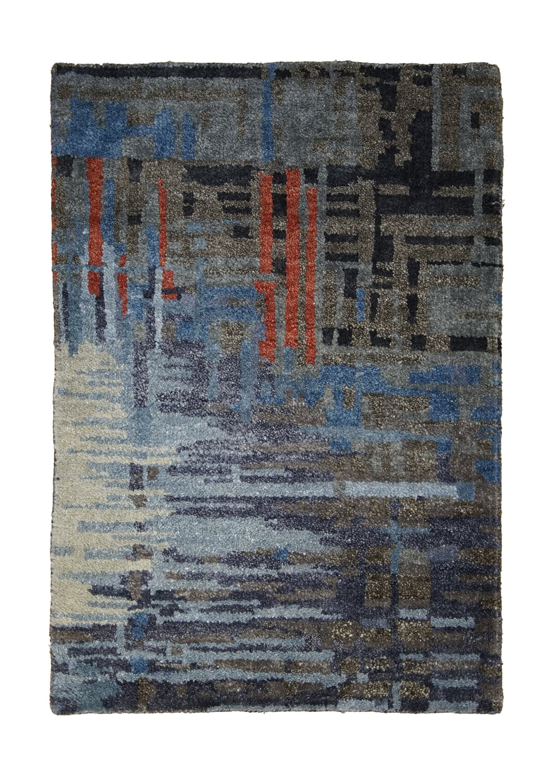 Oriental Rug Indian Handmade Area Modern 2'0"x3'0" (2x3) Multi-color Blue Geometric Stripes Abstract Design #A28936