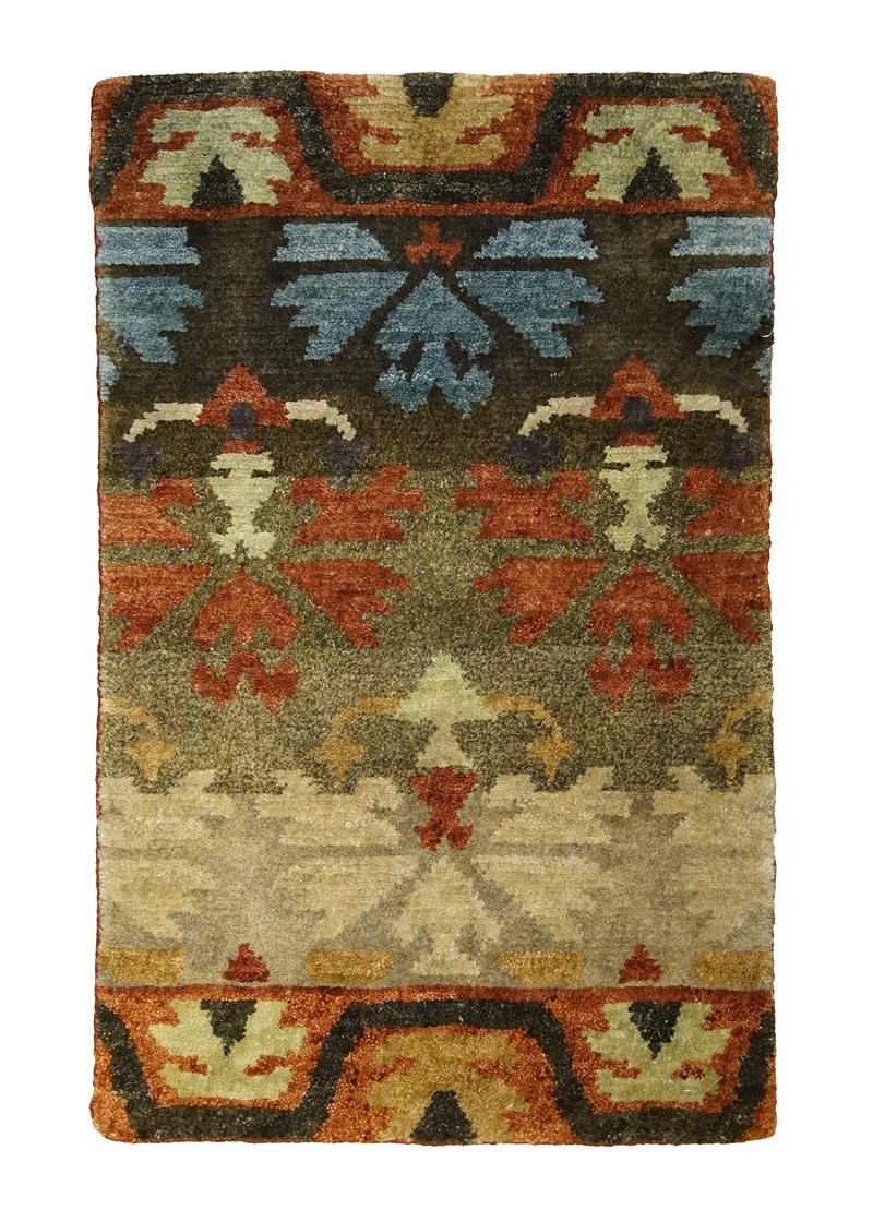 Oriental Rug Indian Handmade Area Transitional 2'0"x3'0" (2x3) Green Geometric Design #A28957