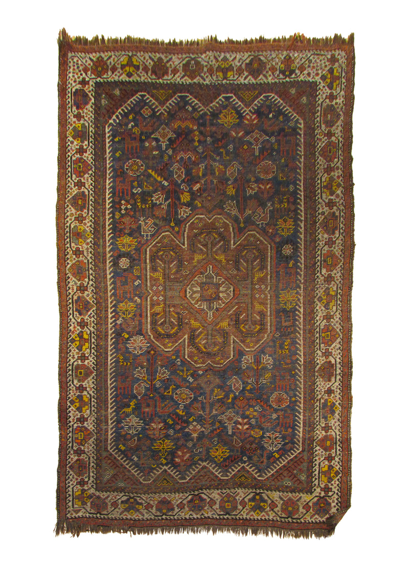 Persian Rug Ghashghaei Handmade Area Tribal Antique 4'7"x6'8" (5x7) Blue Brown Yellow/Gold Geometric Design #A29043