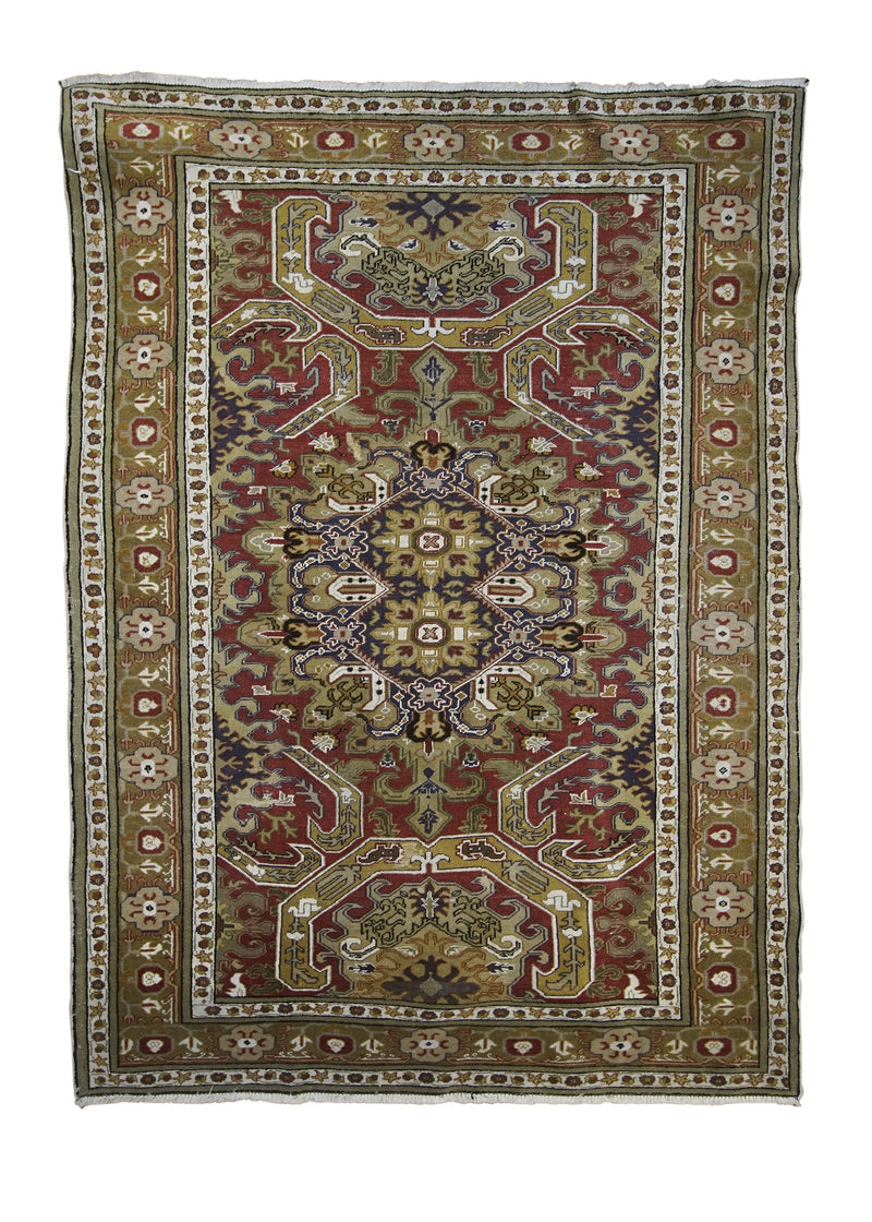 Caucasian Rug Shirvan Handmade Area Tribal Antique 3'11"x5'3" (4x5) Red Yellow/Gold Geometric Design #A29046