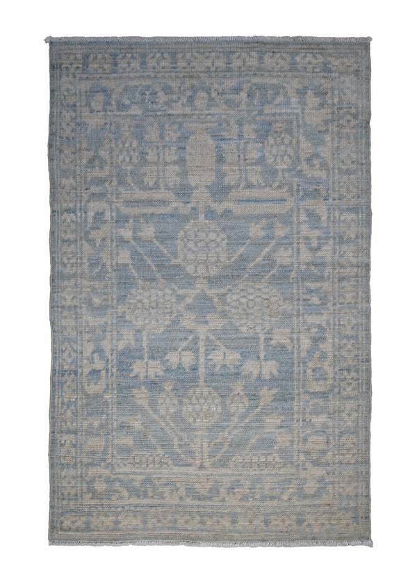 Oriental Rug Pakistani Handmade Area Transitional 2'0"x3'2" (2x3) Blue Whites/Beige Stone Wash Khotan Pomegranate Design #A29055