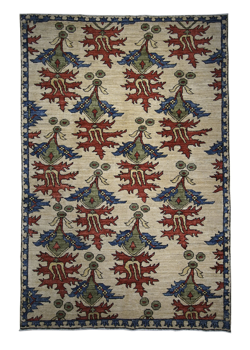 Oriental Rug Afghan Handmade Area Transitional 4'2"x6'3" (4x6) Whites/Beige Red Geometric Design #A29065