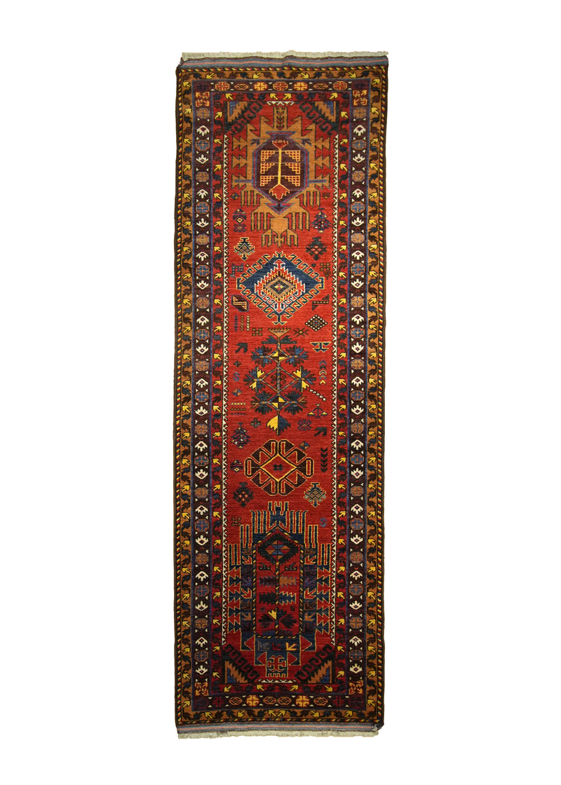 Oriental Rug Afghan Handmade Runner Transitional Tribal 3'1"x9'5" (3x9) Red Yellow/Gold Geometric Design #A29067