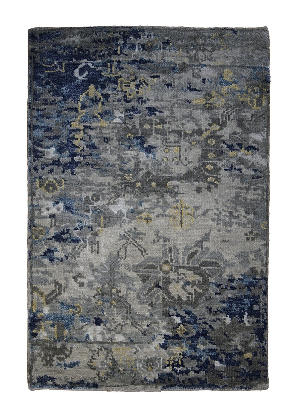 Oriental Rug Indian Handmade Area Modern 2'0"x3'0" (2x3) Gray Blue Geometric Erased Abstract Design #A29076
